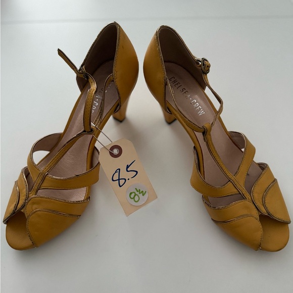 Chelsea Crew Mustard Yellow T-Strap Heels – Size 8.5 – Vintage Inspired Peep Toe - Picture 1 of 8